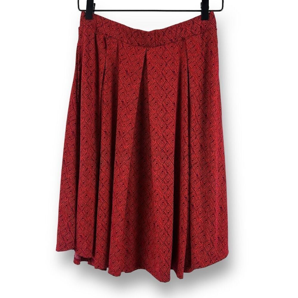 LuLaRoe Women's M Box Pleated Midi Skirt Red Geometric Diamond Pattern Modest